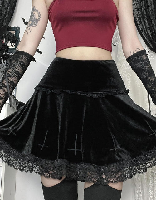 Load image into Gallery viewer, Womens Gothic Mini Skirts Punk Grunge Velvet Skirts High Waist Emo Skirt Mall Goth Alt Harajuku Skirt
