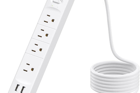 Surge Protector Power Strip with USB, 4 AC Outlets & 4 USB Ports, 1440 Joules, Right-Angle Flat Plug & 6Ft Long Cord, Wall Mount for Workbench, Nightstand, Dresser, Home, Office, Desk, White