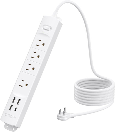 Surge Protector Power Strip with USB, 4 AC Outlets & 4 USB Ports, 1440 Joules, Right-Angle Flat Plug & 6Ft Long Cord, Wall Mount for Workbench, Nightstand, Dresser, Home, Office, Desk, White