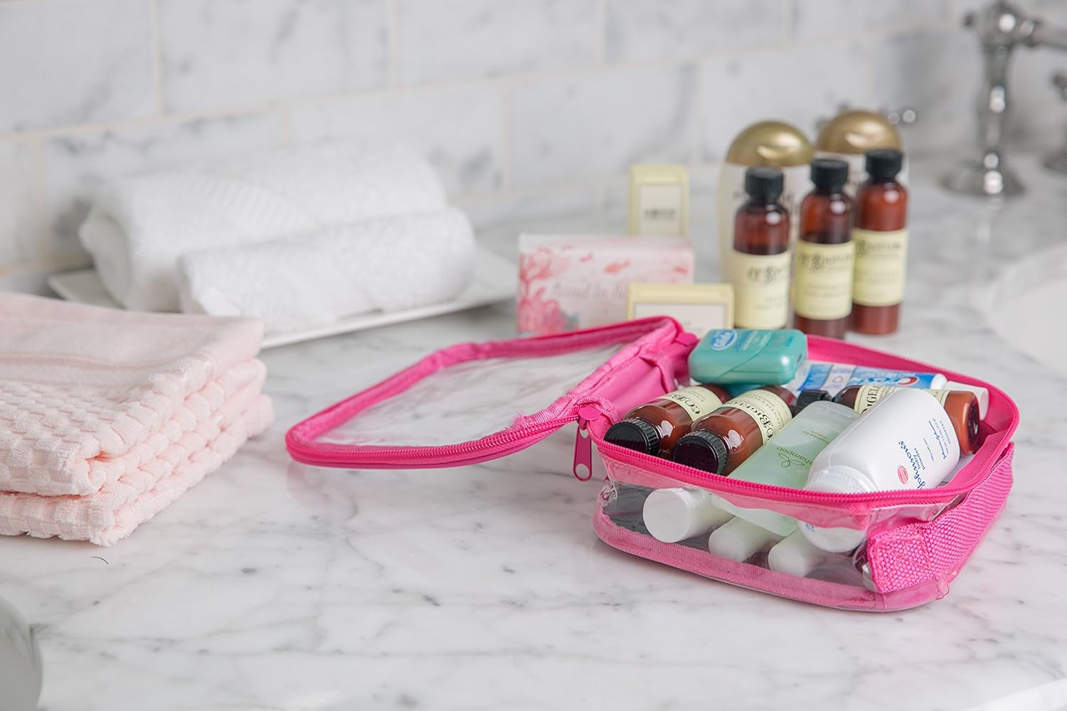 Clear TSA Approved 3-1-1 Travel Toiletry Bag for Carry on / Quart Size Transparent Liquids Pouch for Airport Security & Carry on / Reusable See through Vinyl & PVC Plastic Organizer for Men and Women (Pink)