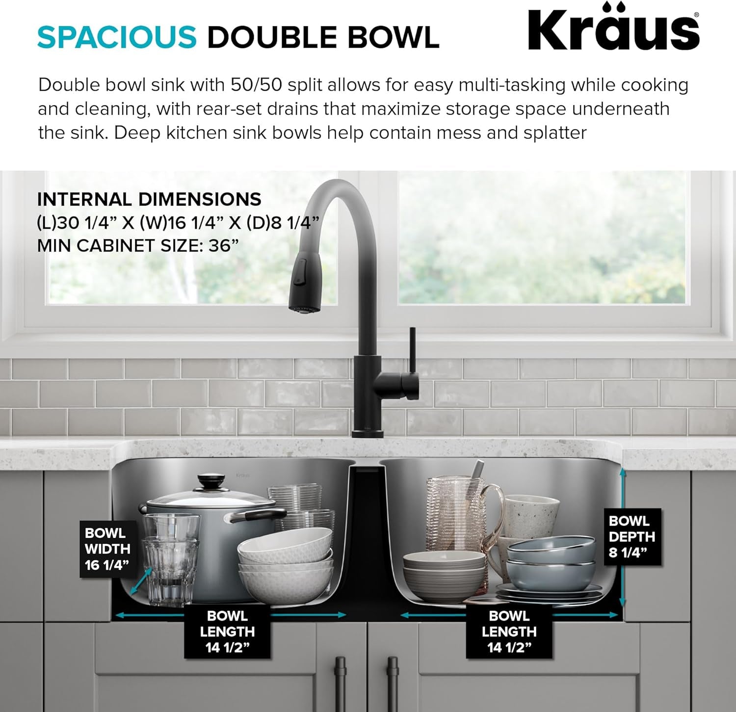 KBU22 32 Inch Undermount 50/50 Double Bowl 16 Gauge Stainless Steel Kitchen Sink