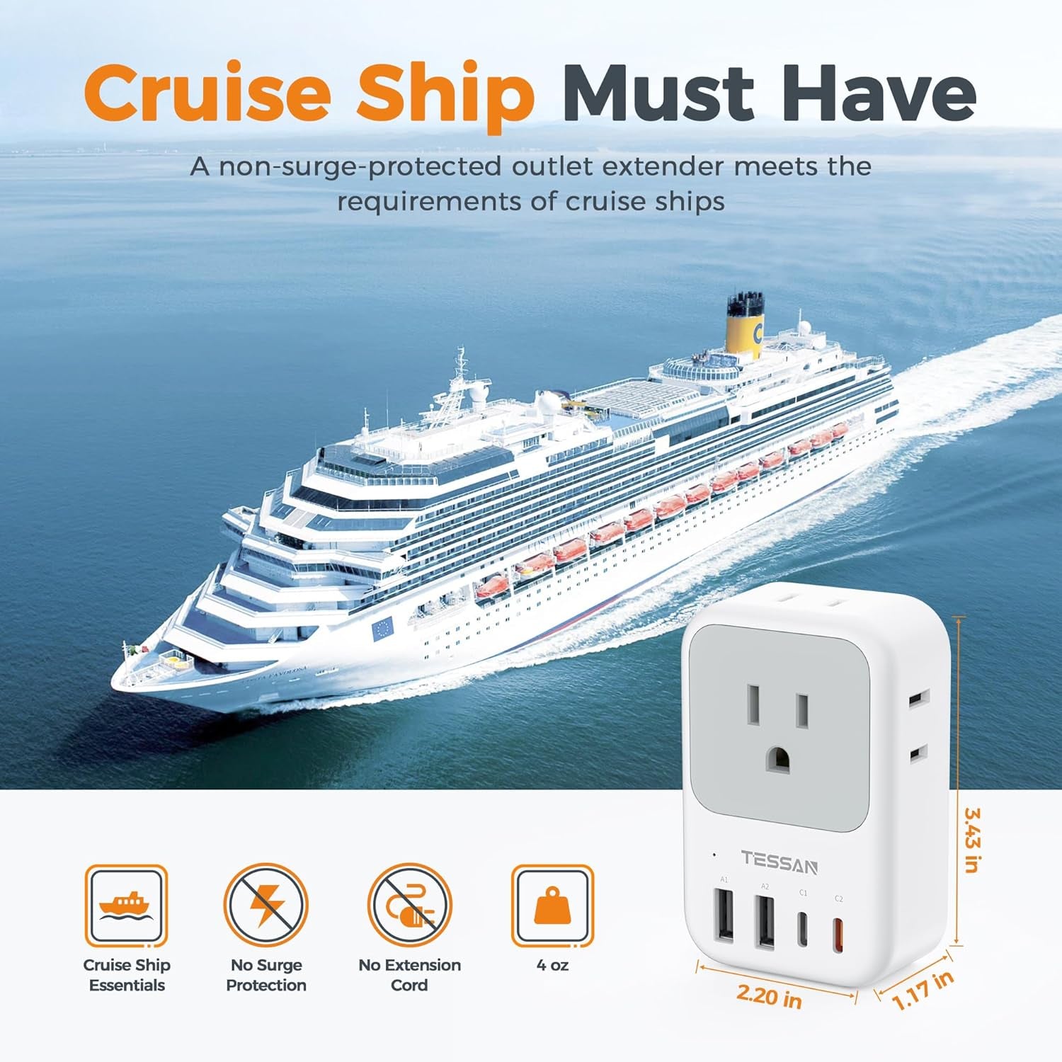 Multi Plug Outlet Extender with USB,  Electrical 4 Box Splitter 3 USB Wall Charger, Multiple Charging Station for Cruise, Travel, Office, Dorm Essentials