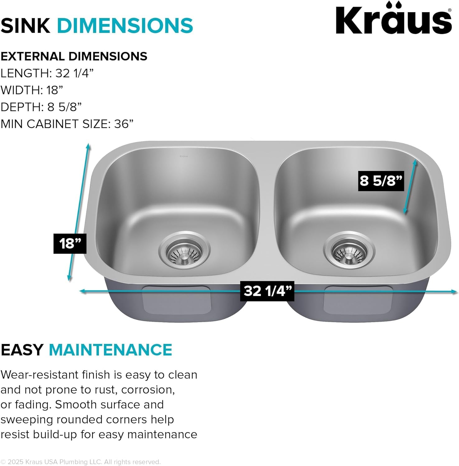 KBU22 32 Inch Undermount 50/50 Double Bowl 16 Gauge Stainless Steel Kitchen Sink