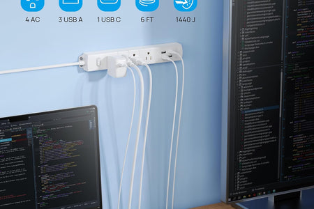 Surge Protector Power Strip with USB, 4 AC Outlets & 4 USB Ports, 1440 Joules, Right-Angle Flat Plug & 6Ft Long Cord, Wall Mount for Workbench, Nightstand, Dresser, Home, Office, Desk, White