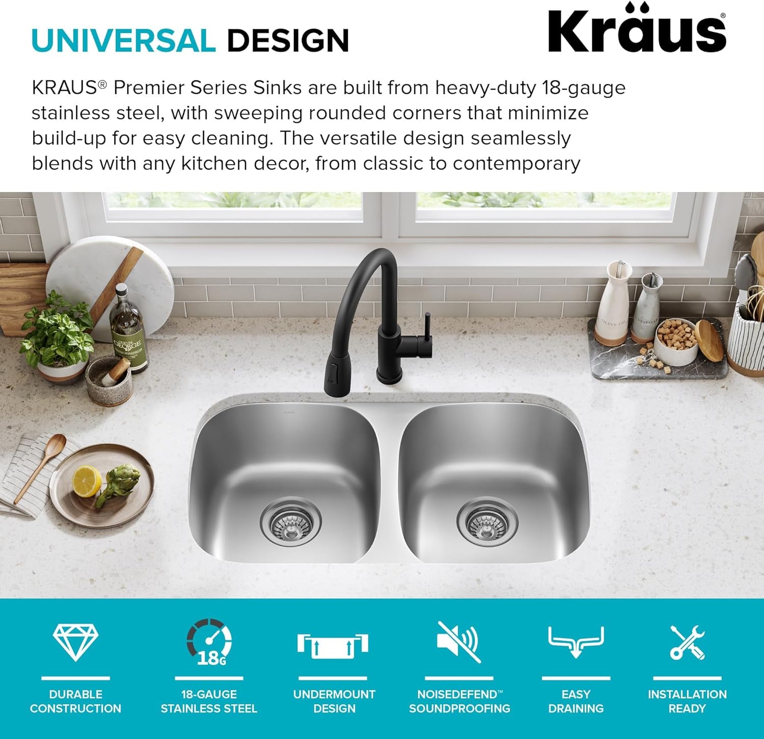 KBU22 32 Inch Undermount 50/50 Double Bowl 16 Gauge Stainless Steel Kitchen Sink