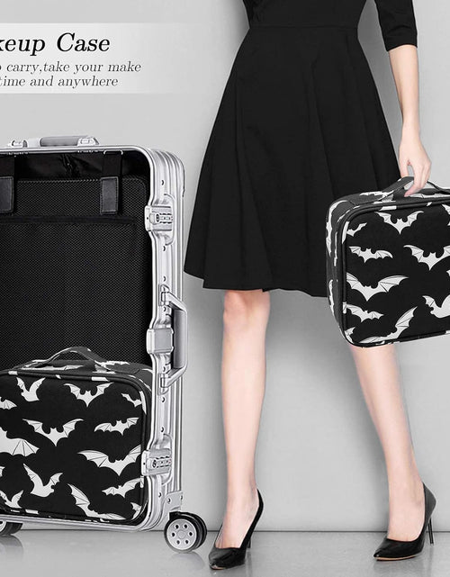 Load image into Gallery viewer, Goth Makeup Organizer Bag, Halloween Makeup Bags Large Cosmetic Bag with Adjustable Dividers Portable Bat Cosmetic Case for Cosmetics Makeup Brushes Toiletry Jewelry（Black Bats）
