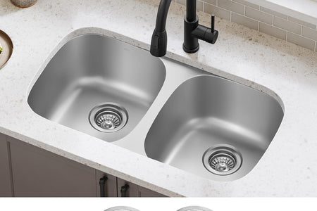 KBU22 32 Inch Undermount 50/50 Double Bowl 16 Gauge Stainless Steel Kitchen Sink