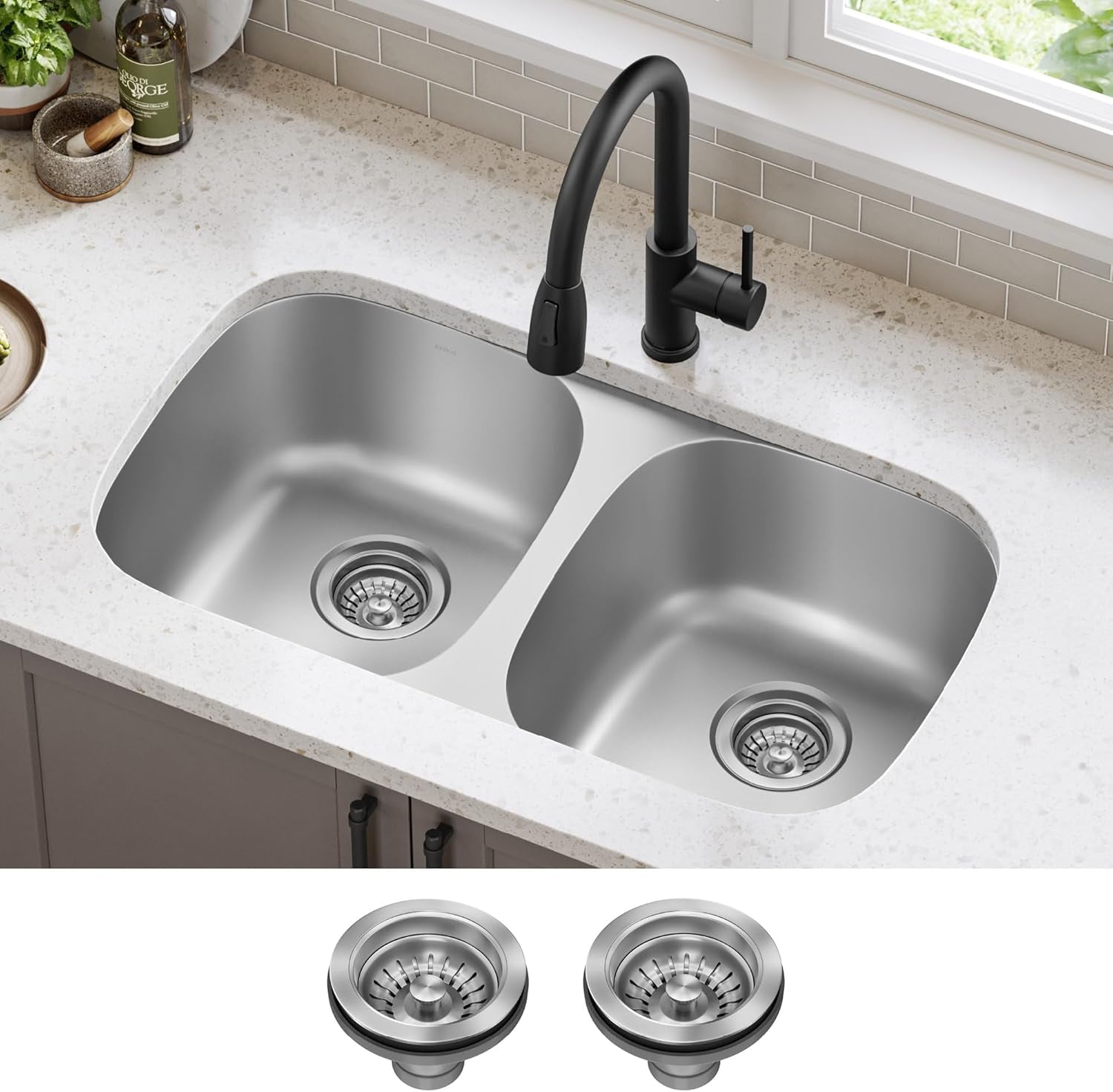 KBU22 32 Inch Undermount 50/50 Double Bowl 16 Gauge Stainless Steel Kitchen Sink