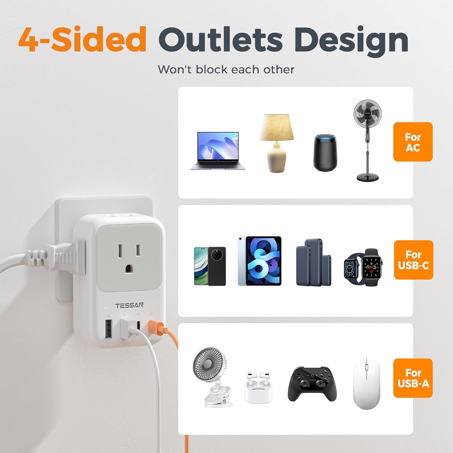Multi Plug Outlet Extender with USB,  Electrical 4 Box Splitter 3 USB Wall Charger, Multiple Charging Station for Cruise, Travel, Office, Dorm Essentials