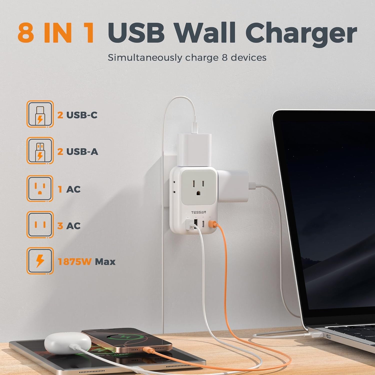 Multi Plug Outlet Extender with USB,  Electrical 4 Box Splitter 3 USB Wall Charger, Multiple Charging Station for Cruise, Travel, Office, Dorm Essentials