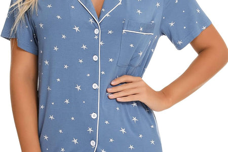 Womens Pajamas Set Short Sleeve Sleepwear Button down Nightwear Shorts Soft Pj Sets S-XXL