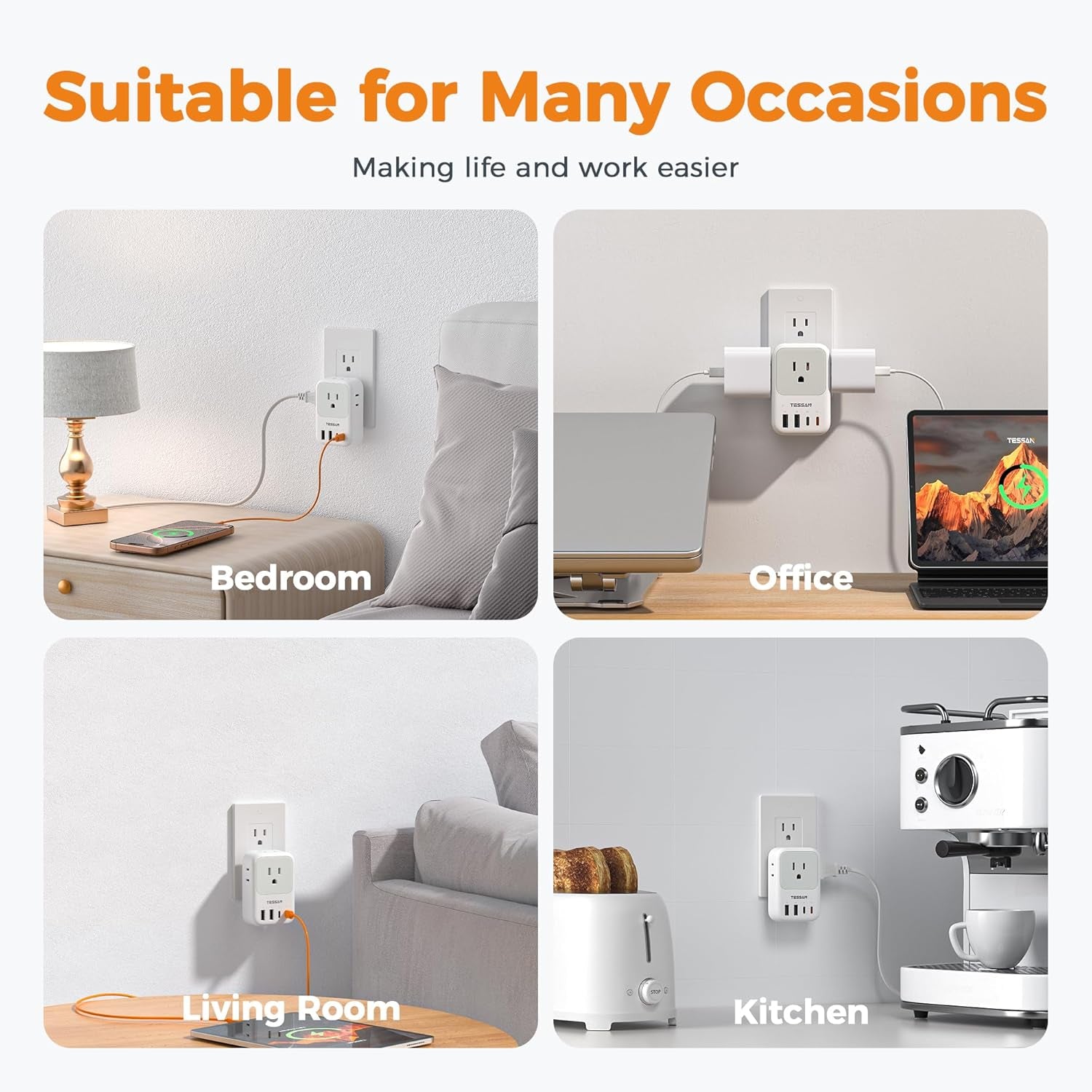 Multi Plug Outlet Extender with USB,  Electrical 4 Box Splitter 3 USB Wall Charger, Multiple Charging Station for Cruise, Travel, Office, Dorm Essentials