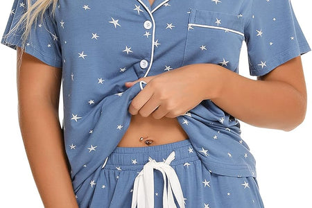 Womens Pajamas Set Short Sleeve Sleepwear Button down Nightwear Shorts Soft Pj Sets S-XXL