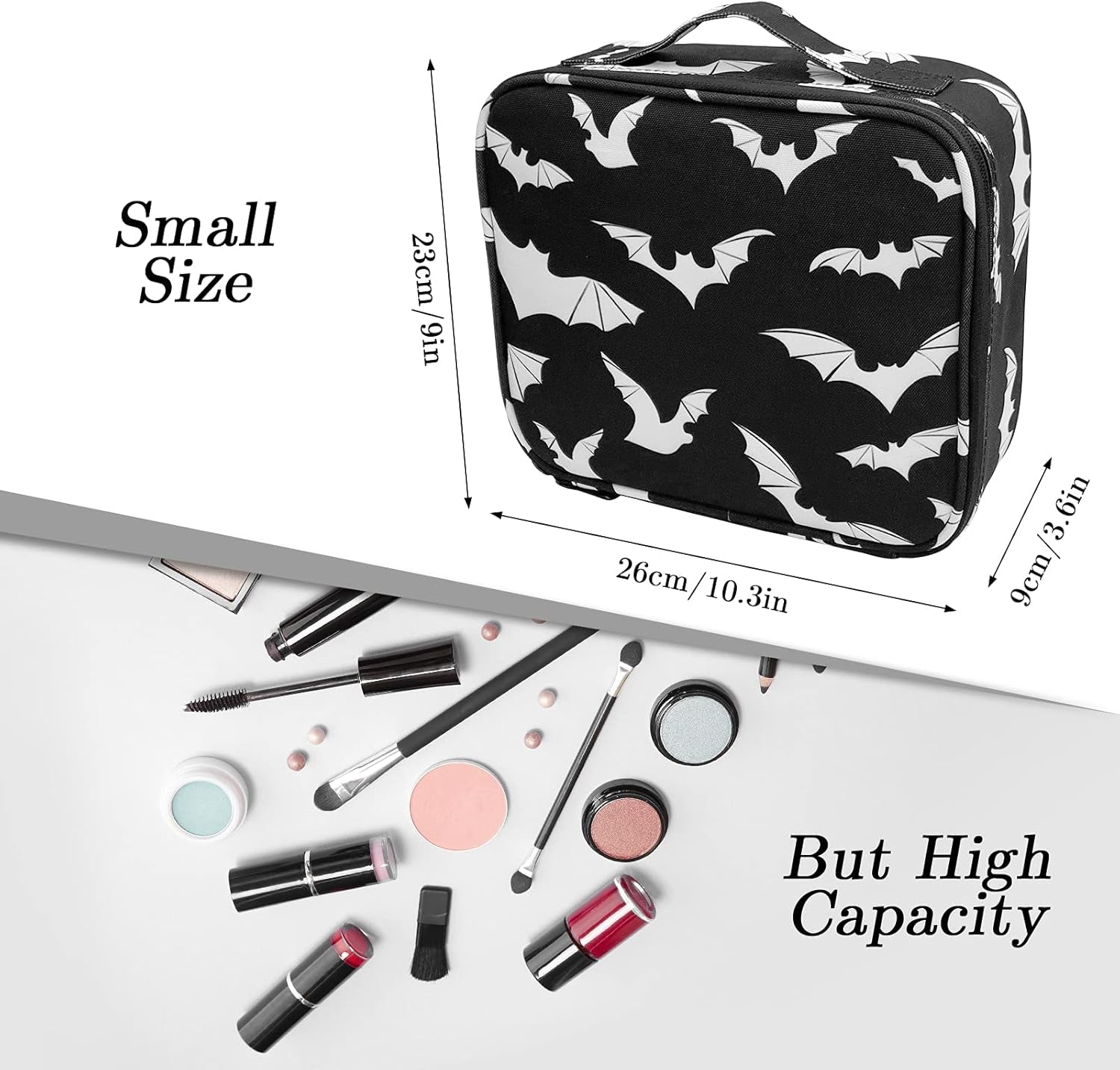 Goth Makeup Organizer Bag, Halloween Makeup Bags Large Cosmetic Bag with Adjustable Dividers Portable Bat Cosmetic Case for Cosmetics Makeup Brushes Toiletry Jewelry（Black Bats）